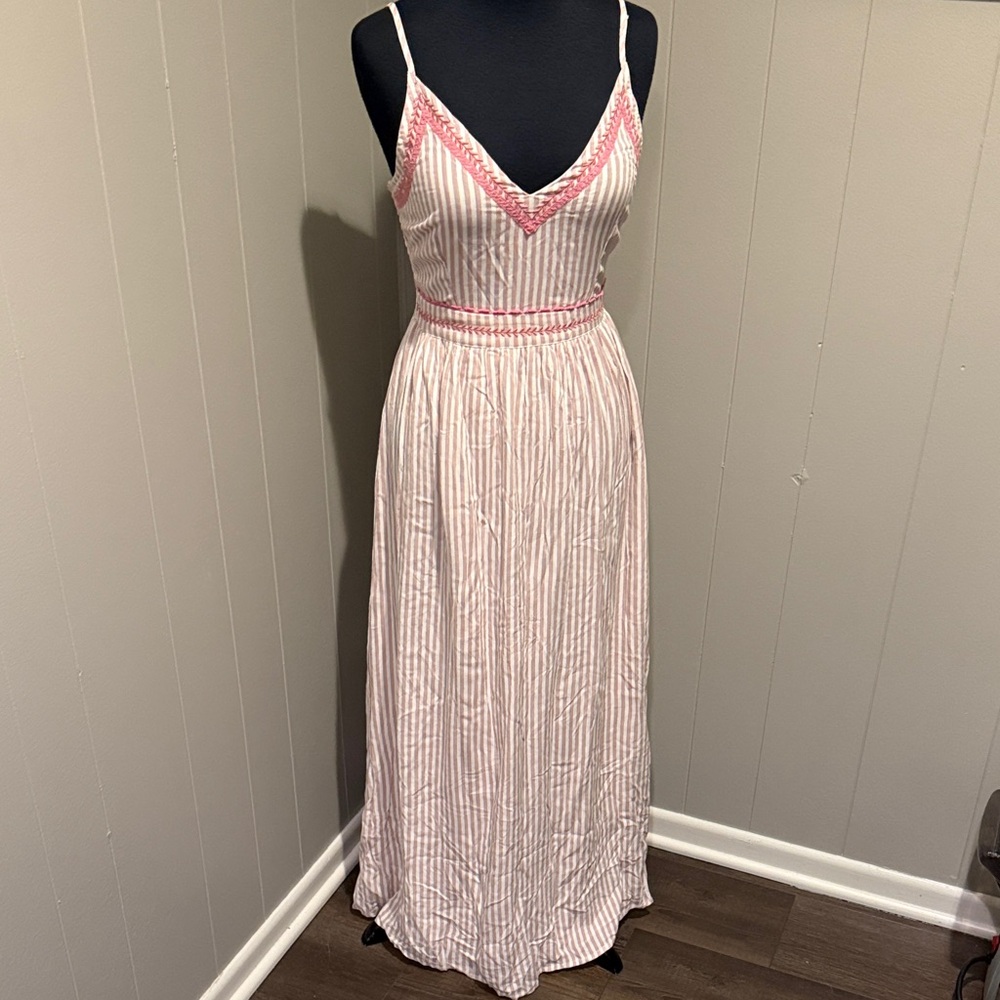 B31 Japna Women Small Striped Embroidered Maxi Dress in Pink and White